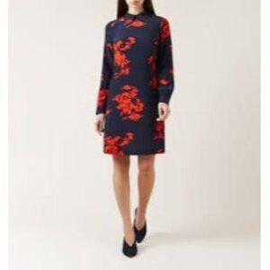 Hobbs London Women's Paula Shift Dress Long Sleeve Pullover Top Navy Red Size 8